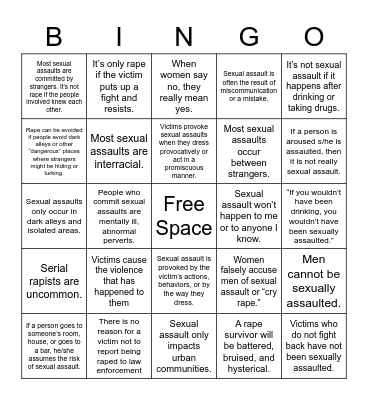 Sexual Assault Misconceptions Bingo Card