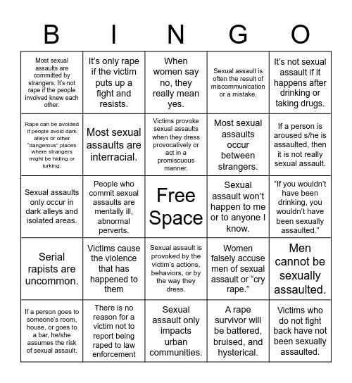 Sexual Assault Misconceptions Bingo Card