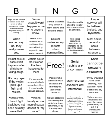 Sexual Assault Misconceptions Bingo Card