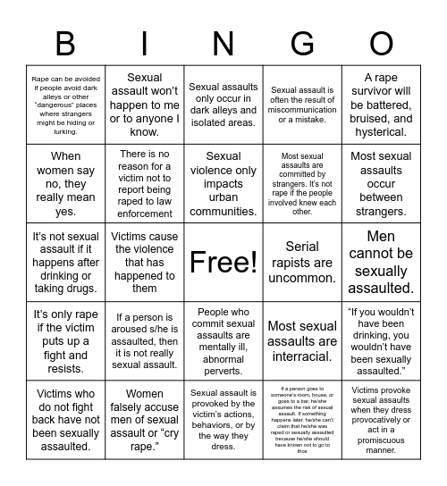 Sexual Assault Misconceptions Bingo Card