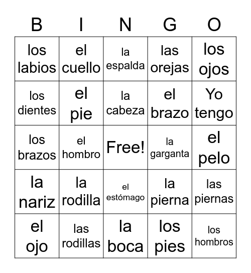 el cuerpo Bingo Card