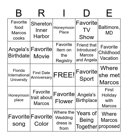 Angela and Marcos Bingo Card