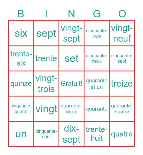 French numbers bingo Card