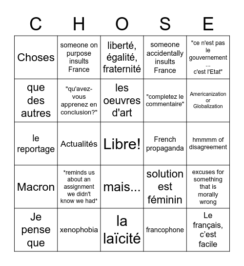 French 214 Bingo Card