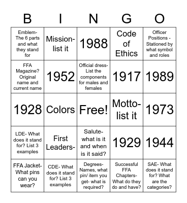Greenhand Bingo Card