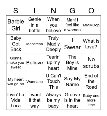 90's Pop Bingo Card