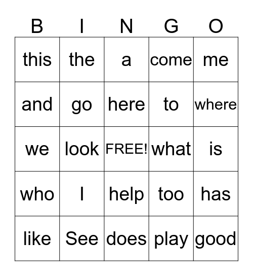 English Sight Words Bingo Card