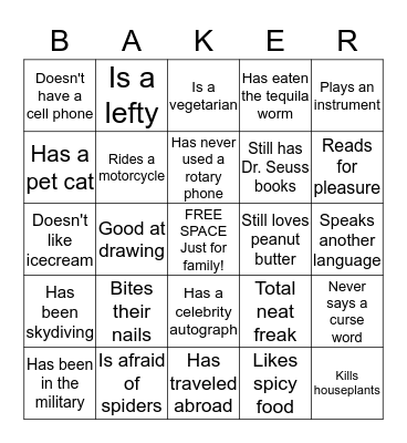 Baker Family Reunion 2015 Bingo Card