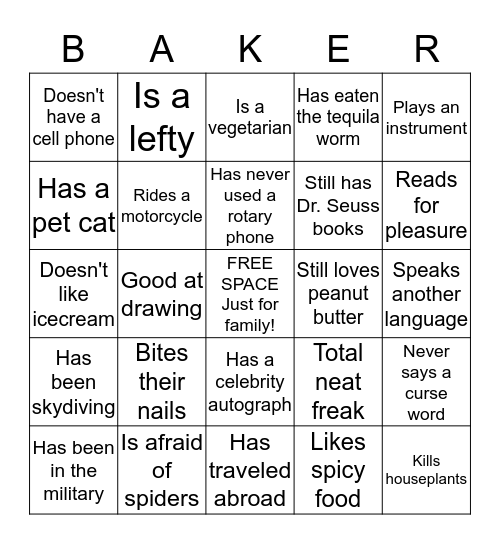 Baker Family Reunion 2015 Bingo Card