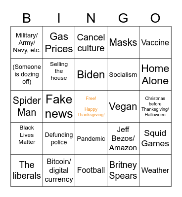 Nixon Thanksgiving Bingo 2021 Bingo Card