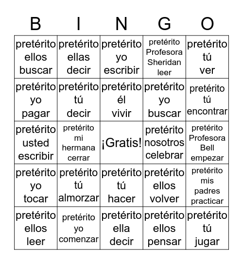 Pretérito Bingo Card
