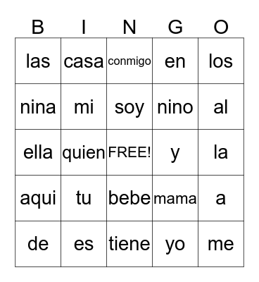 Espanol Sight Words Bingo Card