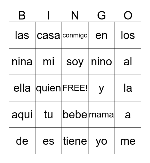 Espanol Sight Words Bingo Card