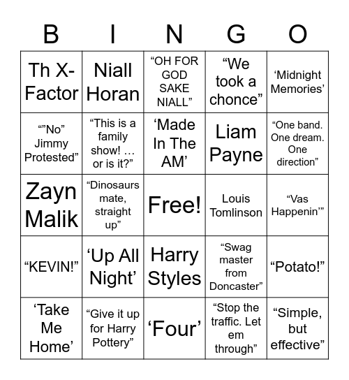 One Direction Bingo Card