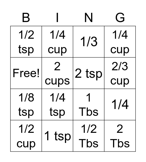 Fraction Cooking Bingo Card