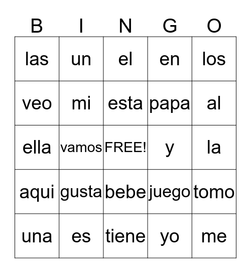 Espanol II Sight Words Bingo Card