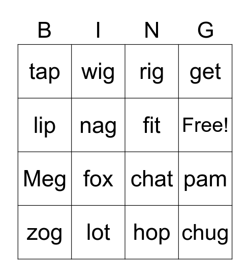 cvc words Bingo Card