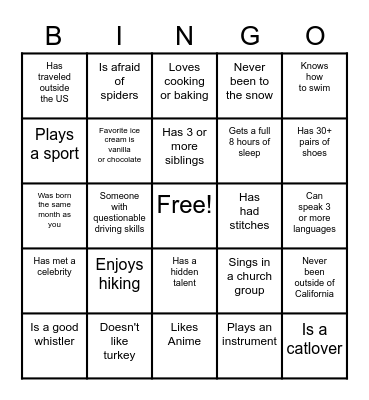 ICE BREAKER: PEOPLE BINGO Card