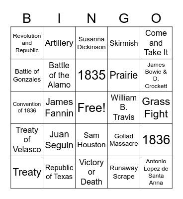 Texas Revolution Bingo Card