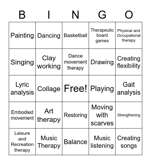 Rehabilitation Bingo Card