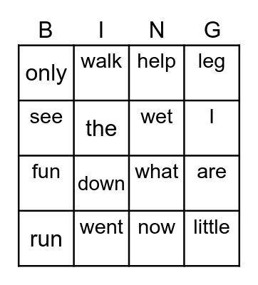 Spelling Word Bingo Card