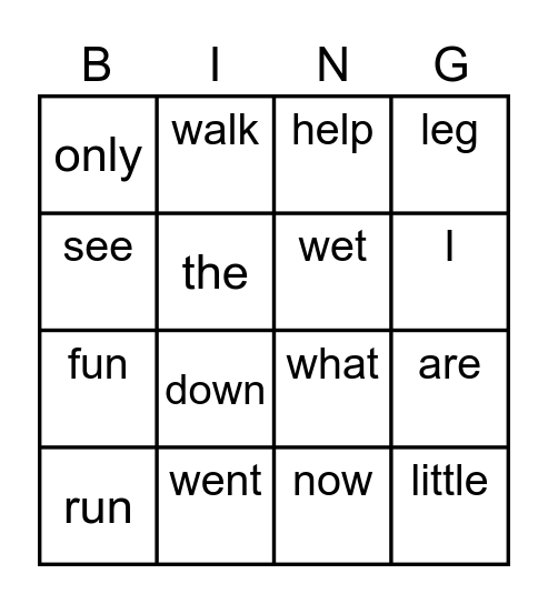 Spelling Word Bingo Card