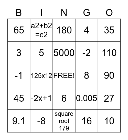 math Bingo Card