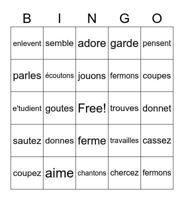 er verbs Bingo Card