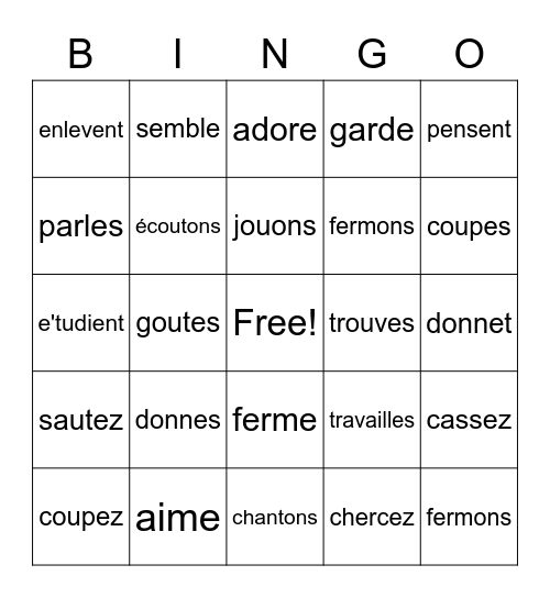 er verbs Bingo Card