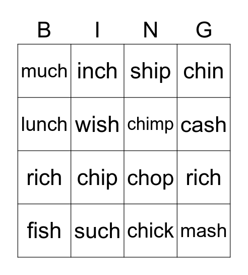 ch sh words Bingo Card