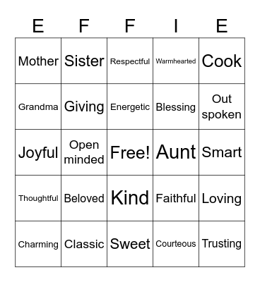 Effie's Birthday Bingo Card