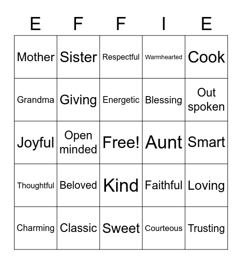 Effie's Birthday Bingo Card