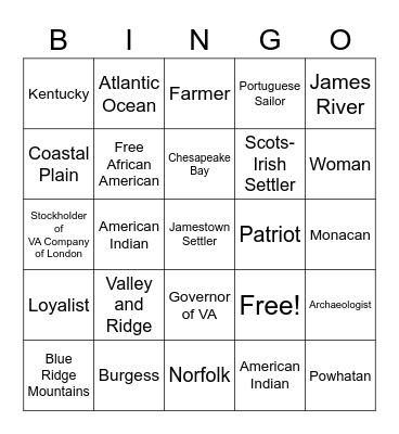 Virginia Studies Bingo Card