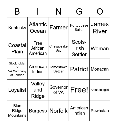 Virginia Studies Bingo Card