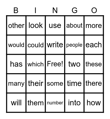 Sight Words Bingo Card