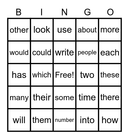 Sight Words Bingo Card