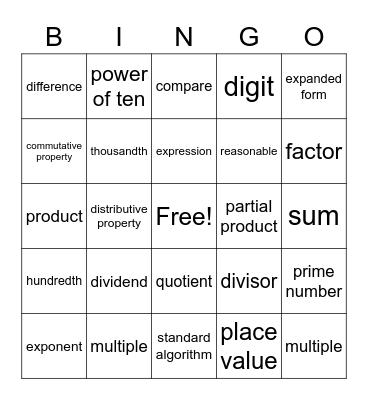 Unit 1 Vocabulary Grade 5 Bingo Card