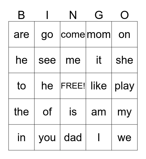 English Sight words II Bingo Card