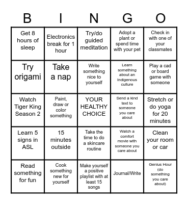 Self Care Bingo Card