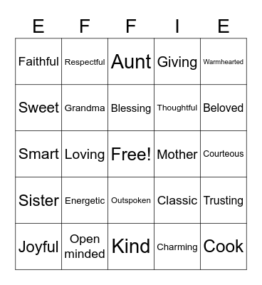 Effie's Birthday Bingo Card