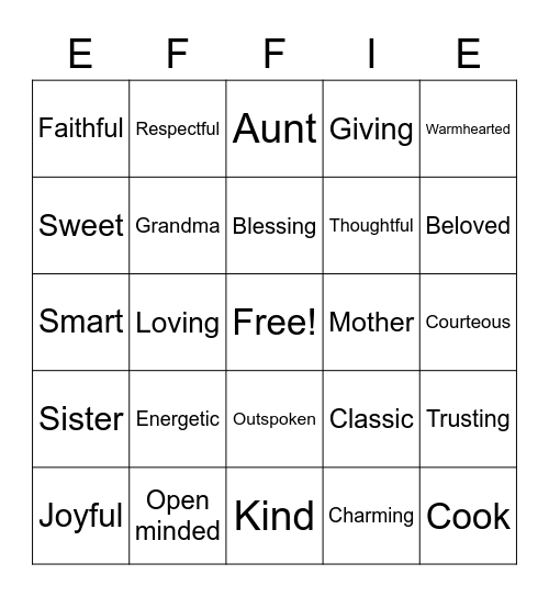 Effie's Birthday Bingo Card
