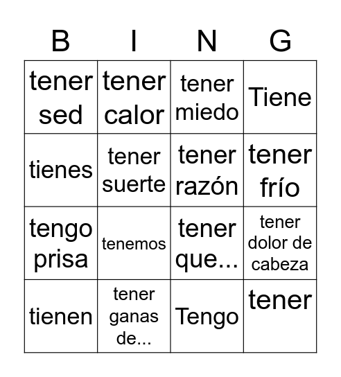 Tener Expressions Bingo Card