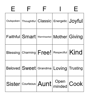 Effie's Birthday Bingo Card