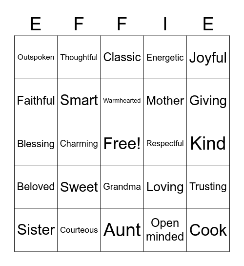 Effie's Birthday Bingo Card