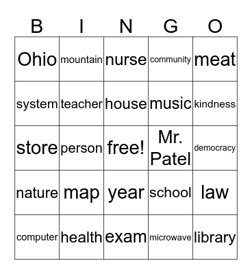 Noun Bingo Card