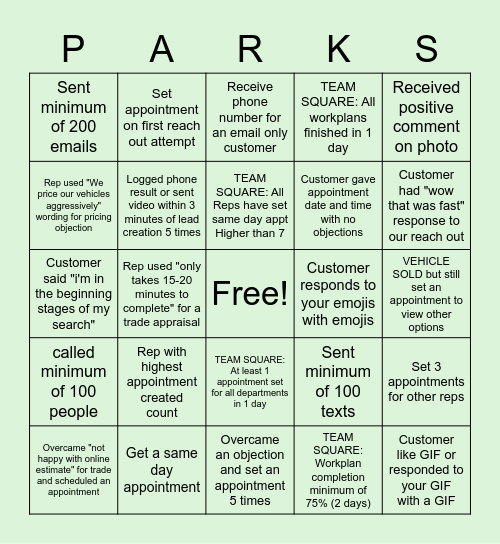 A Team BDC Parks Bingo Card