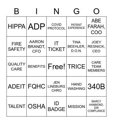 Premier Community Health Orientation BINGO Card