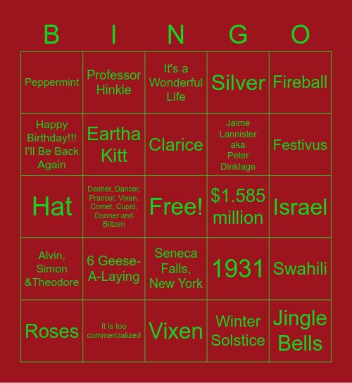 Holiday Bingo Card