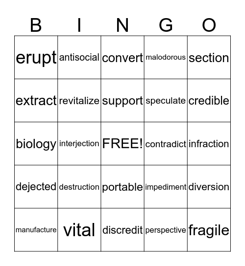 End of the Year Vocab Bingo Card