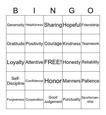 Character Traits Bingo Card